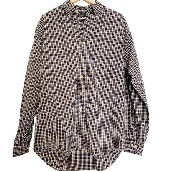 GH Bass Navy Taupe Plaid Button Down Shirt Men's Size Medium - Picture 1 of 7